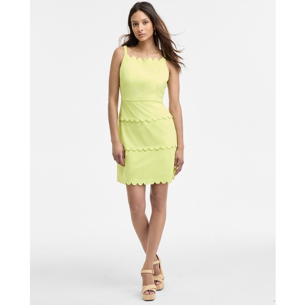 KARL LAGERFELD PARIS Scallop-trim Scuba Mini Dress In Citrus Green Size 12